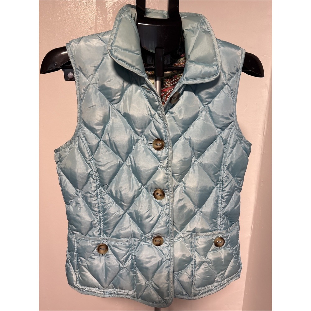 Talbots Women's M Quilted Down Puffer Vest Turquoise Blue Button Front Pockets